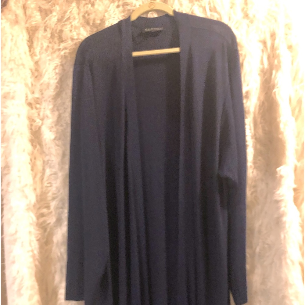 Eloquii long navy blue midi length cardigan and long skirt set.